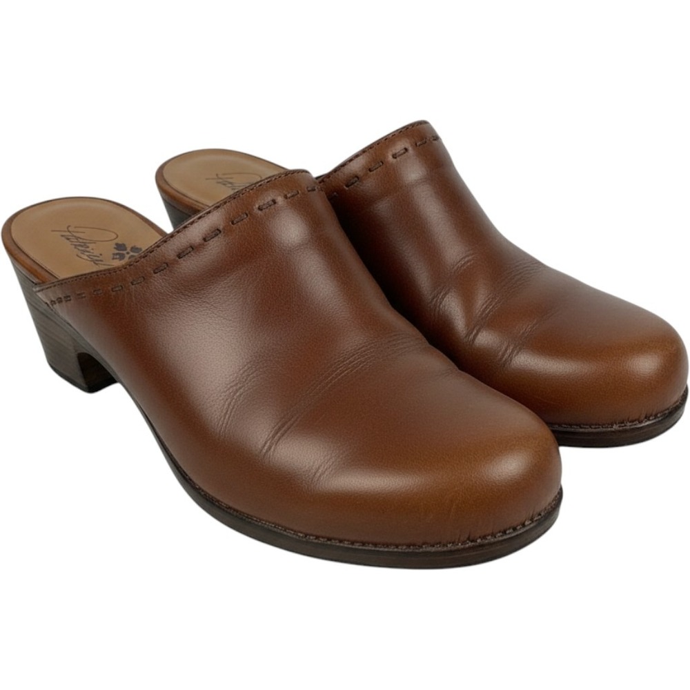 Patricia Nash Womens Brown Leather Whipstitch Clog Mules Stacked Block Heel 7.5